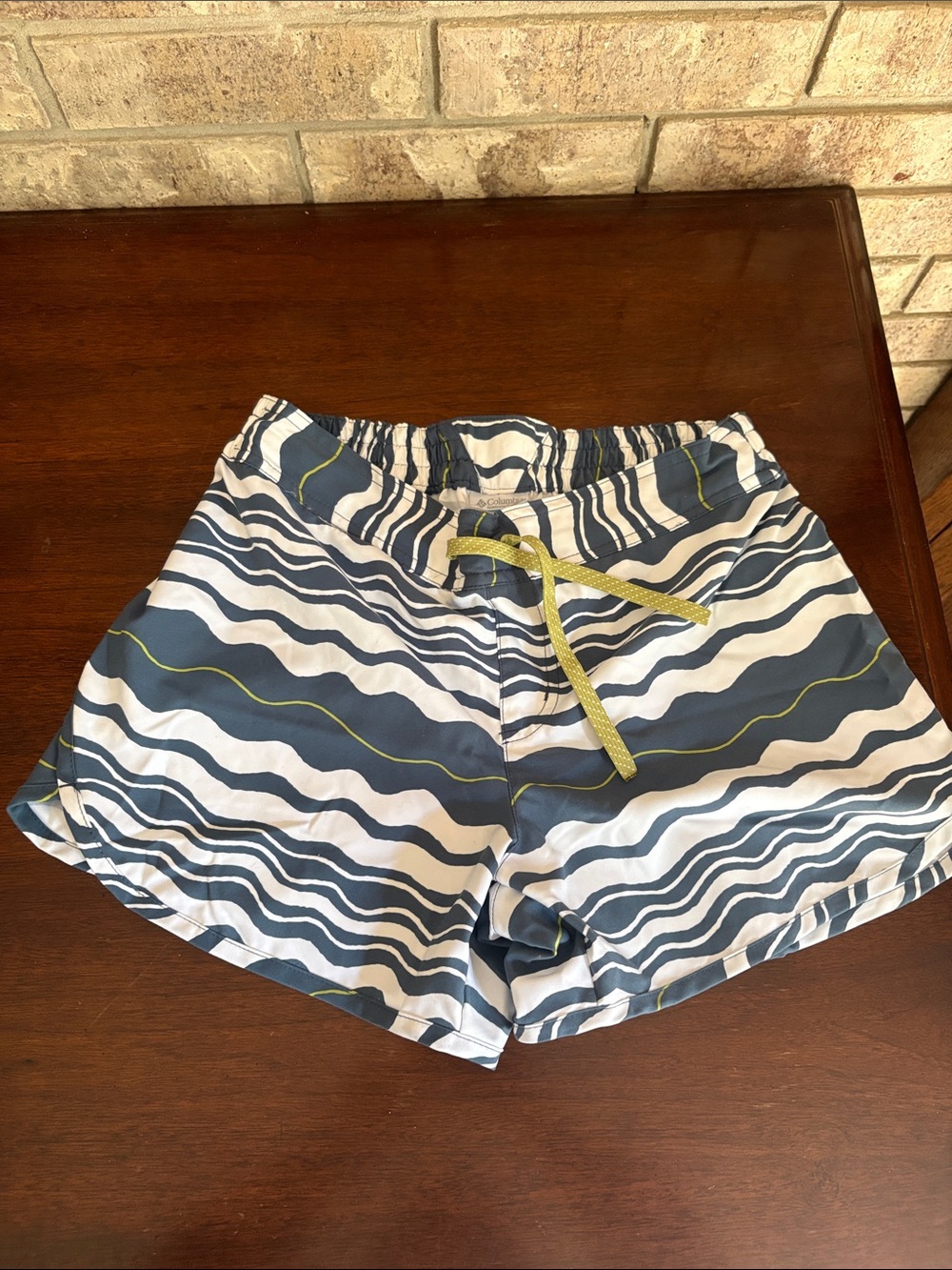 Columbia PFG Women’s Blue and White Wave Print Shorts with Lime Drawstring